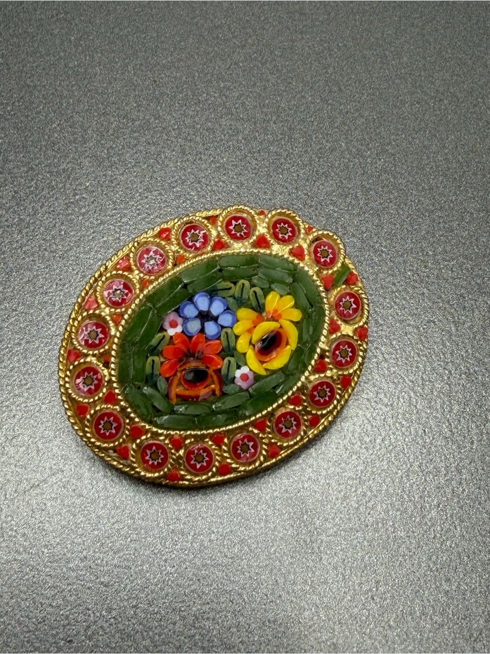 Vintage Floral Micro-Mosaic Brooch in Red and Green #42mo
